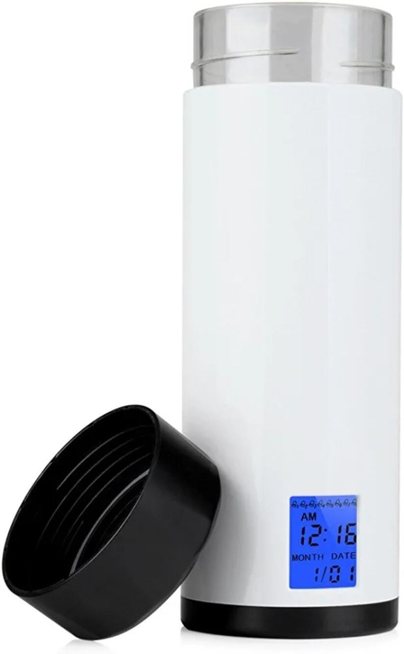 Pyrus VShow 8Time Digital Clock Water Bottle 320mL White Body Black Top AAA
